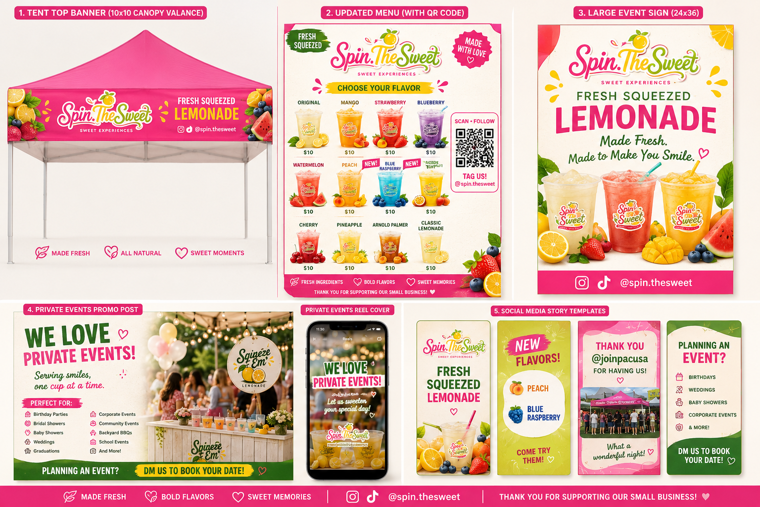 Spin The Sweet lemonade branding, event signage and menu concepts